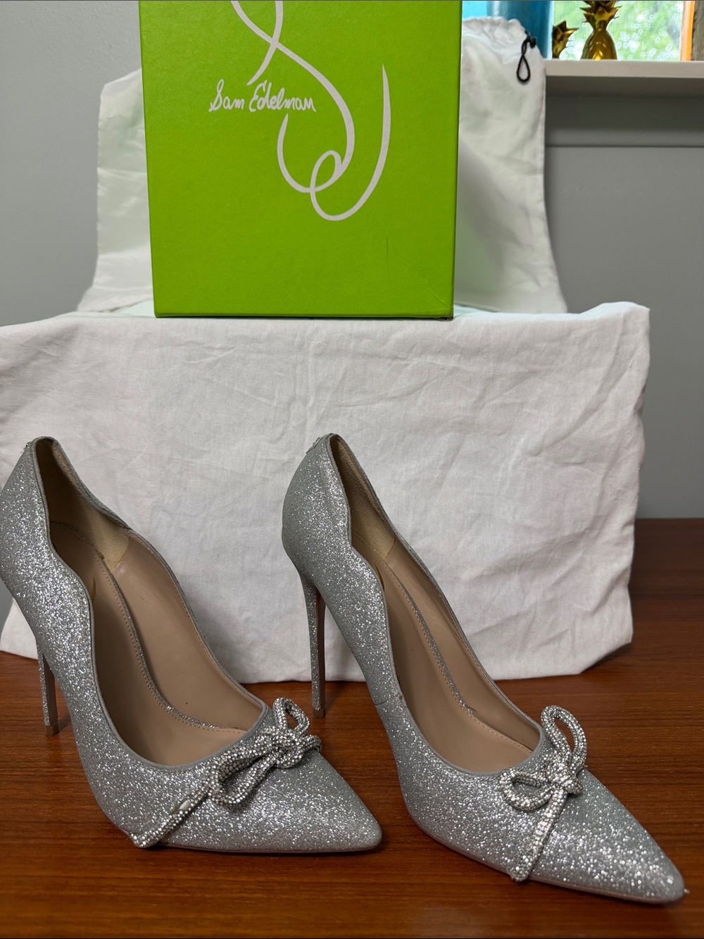 Sam Edelman Silver Glitter Pointed-Toe Stilettos with Bow Accent